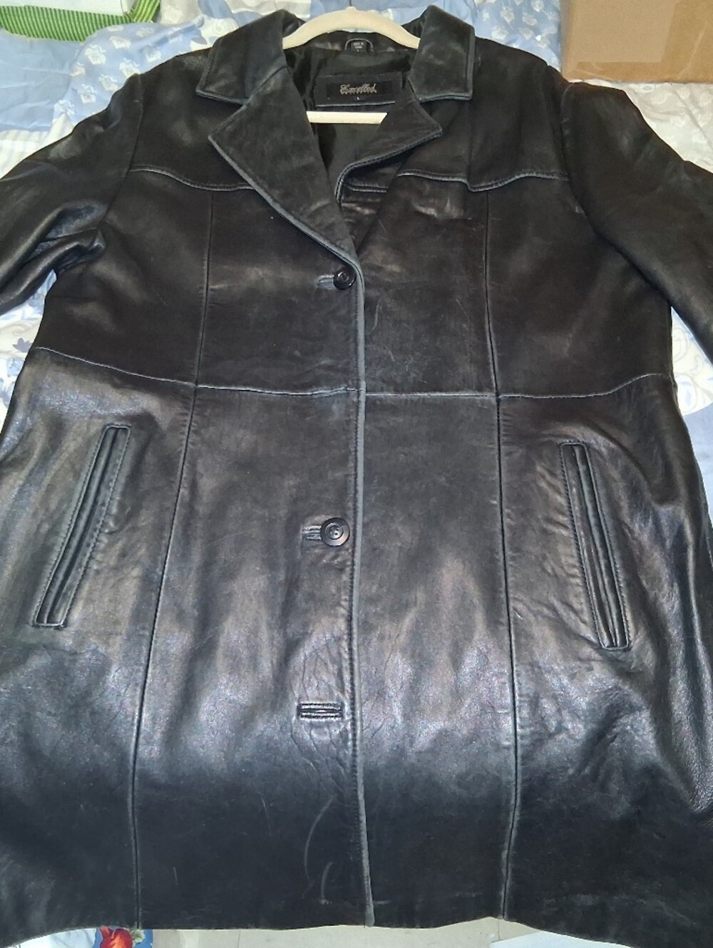 Vintage Excelled Collection Black Leather Mid-Length Car Coat - Size L
